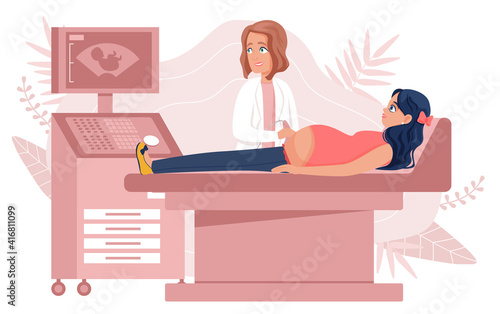 Pregnant woman on a bed doing ultrasound. Flat design illustration. Vector