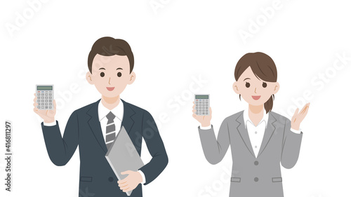 確定申告　税理士　会計　電卓を持つ　男女　イラスト素材