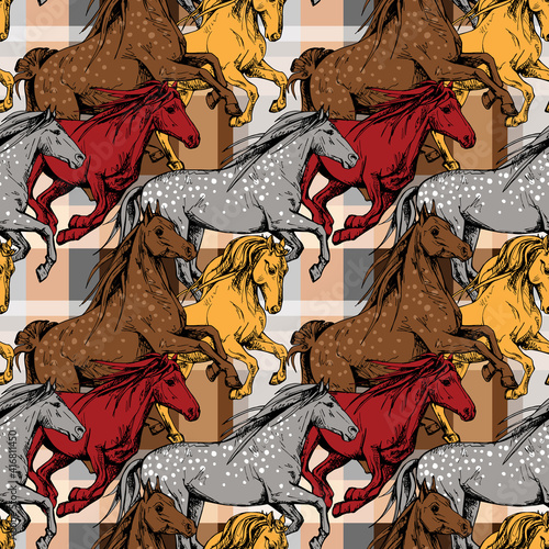 Bright Seamless wallpaper pattern. The running beautiful red, brown, gray and yellow horses on a checkered background. Textile composition, hand drawn style print. Vector illustration. © Afishka