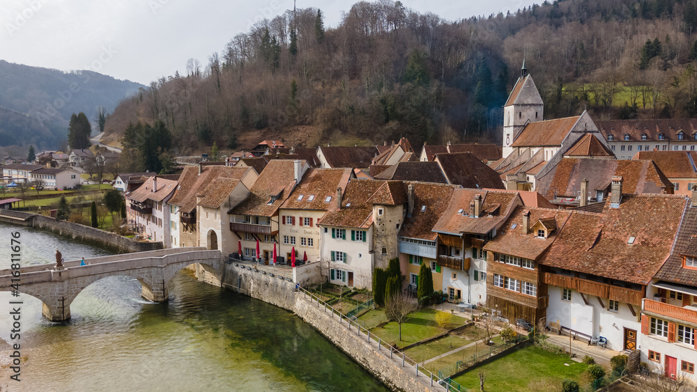 Drone pictures of the village of Saint-Ursanne, Switzerland. 