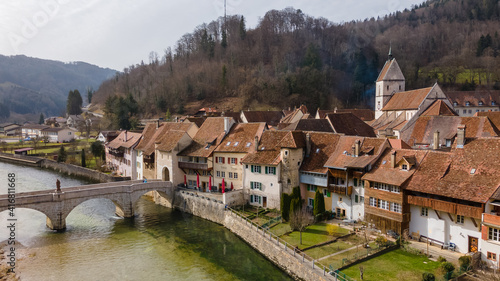 Drone pictures of the village of Saint-Ursanne, Switzerland. 