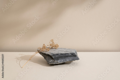 Minimal modern natural beauty. Background for branding and product presentation. Still life mock up photo of a gray stone and a dry flower with long shadow on beige table. photo