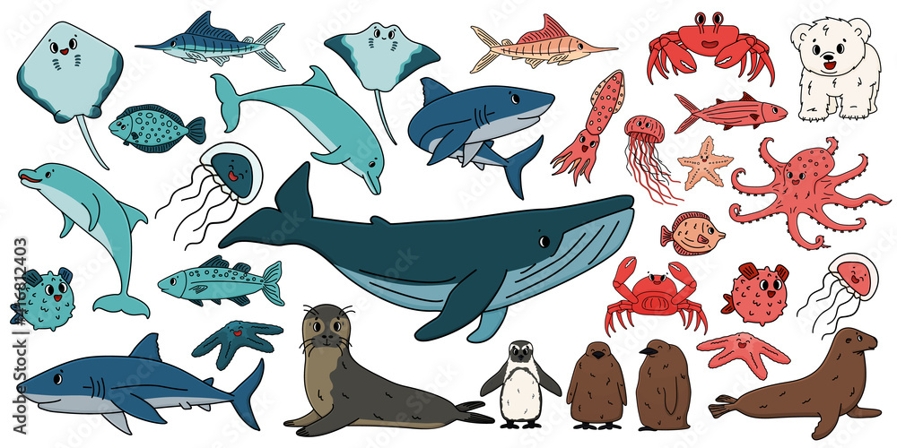 Set of vector cartoon outline isolated sea ocean north animals. Doodle whale, dolphin, shark, stingray, jellyfish, fish, stars, crab, king Penguin chick, octopus, fur seal, polar bear cub for book Stock Vector | Set of vector cartoon outline isolated sea ocean north animals. Doodle whale, dolphin, shark, stingray, jellyfish, fish, stars, crab, king Penguin chick, octopus, fur seal, polar bear cub for book Stock Vector |