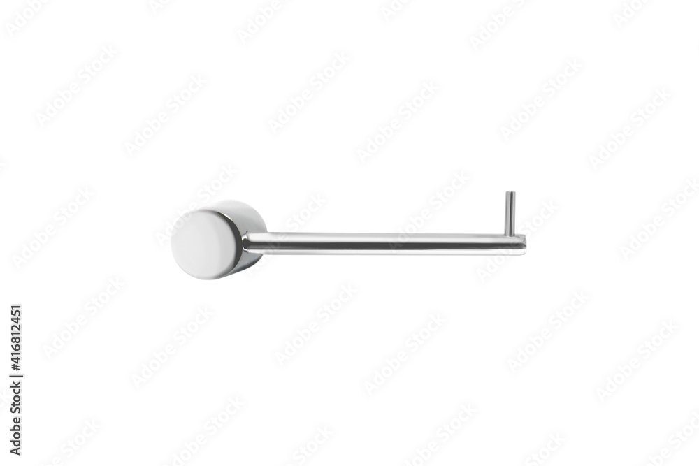 roll of toilet paper hanging on a chrome toilet roll holder on an isolated white background roll of toilet paper hanging on a chrome toilet roll holder on an isolated white background