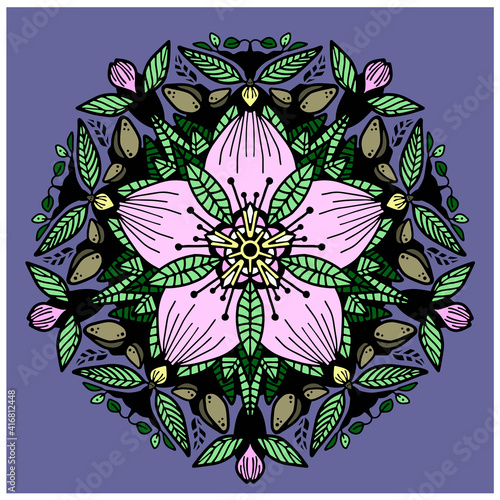 hand drawn mandala. almond blossoms. vector design of organic mandalas. permaculture and resilience. yoga, mindfulness, natural therapies, food forest.
