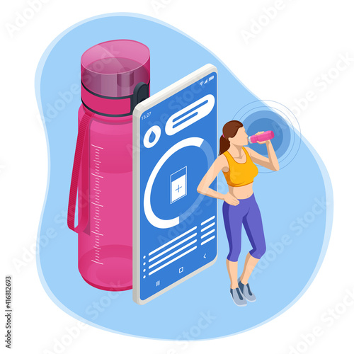 Isometric young female drinking a bottle of water. Sport water bottle. Active lifestyle