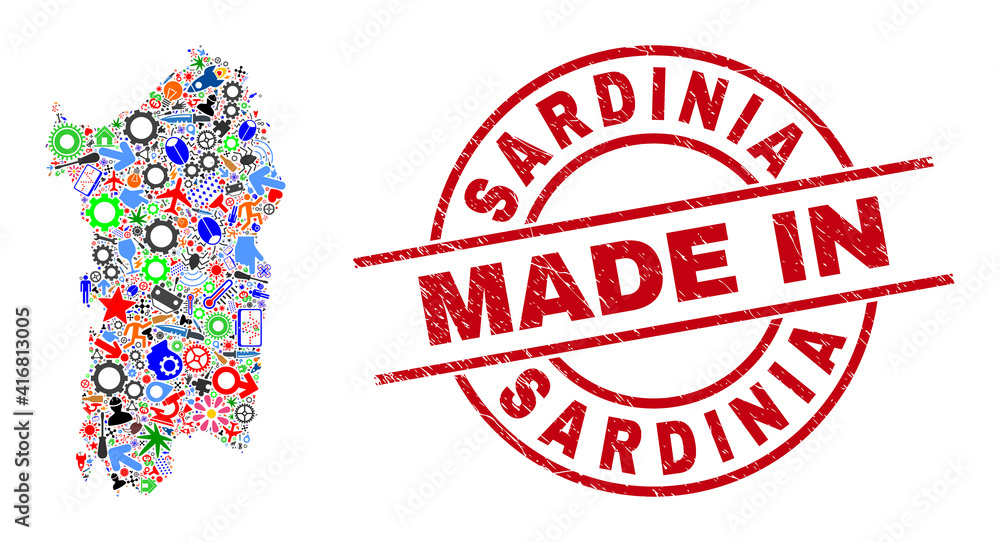 Engineering Sardinia map mosaic and MADE IN distress rubber stamp. Sardinia map abstraction designed with wrenches, gear wheels, instruments, aviation symbols, transports, electricity sparks, details. Engineering Sardinia map mosaic and MADE IN distress rubber stamp. Sardinia map abstraction designed with wrenches, gear wheels, instruments, aviation symbols, transports, electricity sparks, details.