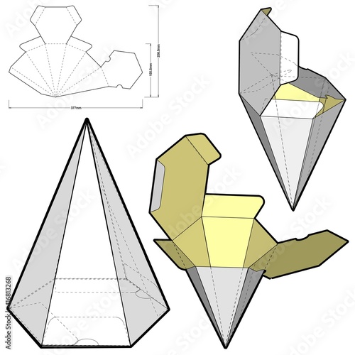 Pyramidal Box and Die-cut Pattern. The .eps file is full scale and fully functional. Prepared for real cardboard production.