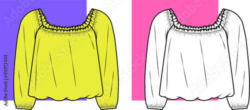 Blouse Design, Fashion Flat Sketch Template.