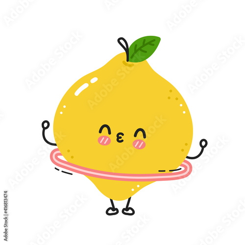 Cute funny lemon make gym with hula hoop. Vector flat line cartoon kawaii character illustration icon. Isolated on white background. Lemon workout character concept