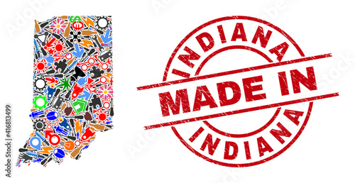 Engineering Indiana State map mosaic and MADE IN distress rubber stamp. Indiana State map abstraction designed with wrenches, cogs, instruments, aviation symbols, transports, power strikes, details.