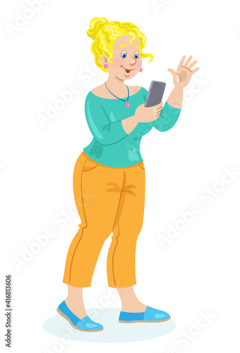 Cute body positive blonde girl with a phone in her hand. The young  woman is a blogger. In cartoon style. Isolated on white background. Vector flat illustration