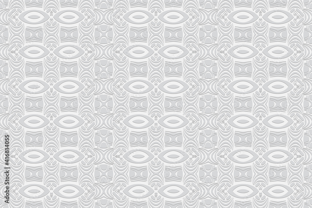 Geometric convex volumetric 3D ornament from a relief texture. White background from ethnic unique elements in the style of the peoples of India for design and decor.