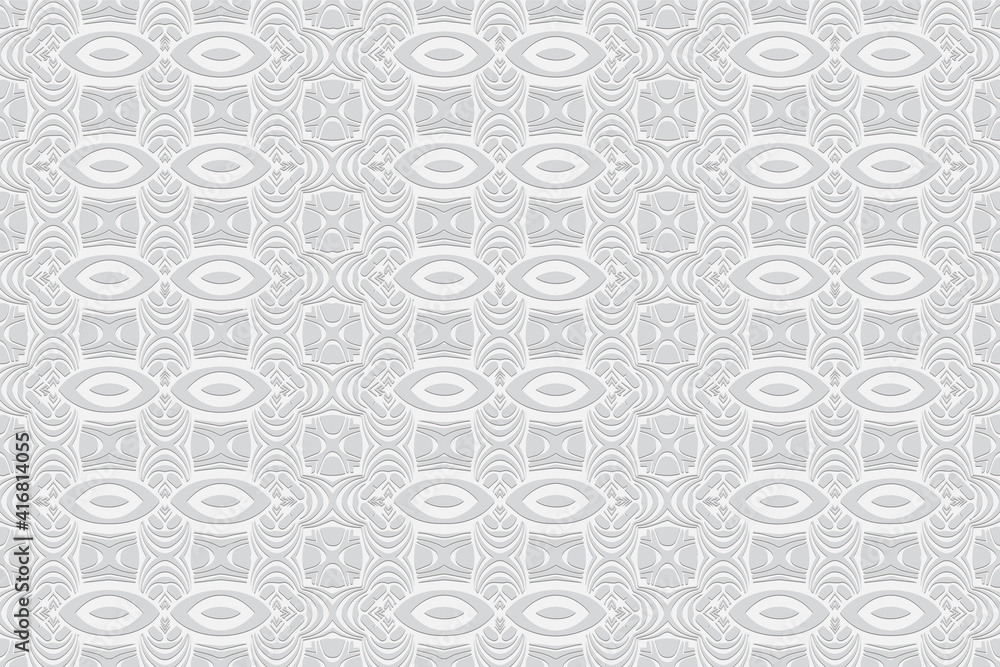 Geometric convex volumetric 3D ornament from a relief texture. White background from ethnic unique elements in the style of the peoples of India for design and decor. Geometric convex volumetric 3D ornament from a relief texture. White background from ethnic unique elements in the style of the peoples of India for design and decor.