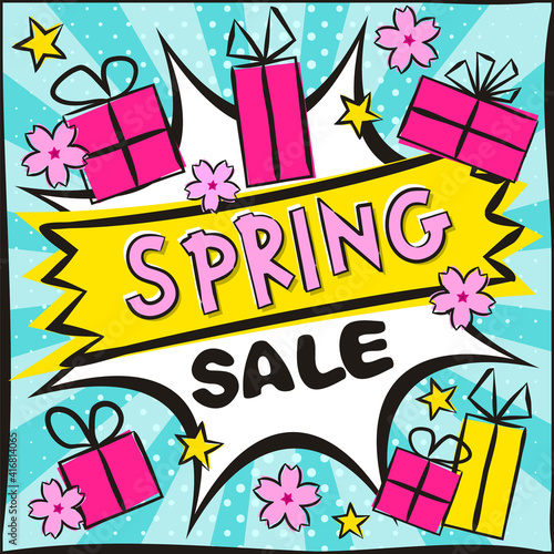 Bright blue banner for discounts or spring sales in popart style. Cartoon Explosion  gifts and Sakura flowers. Template for web design  banners  coupons  applications and posters. Vector illustration.
