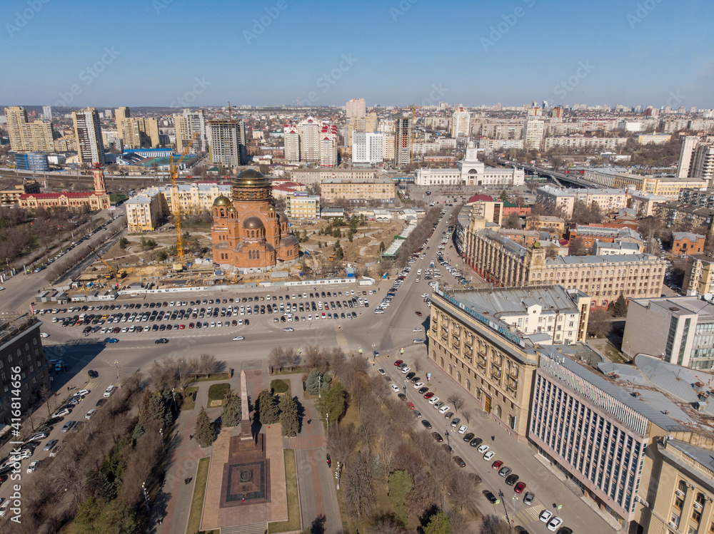 Volgograd. Temple of Alexander Nevsky in Volgograd. Eternal flame. Square of the Fallen Fighters. View of the city and the Volga from above. Multi-storey buildings and parks.