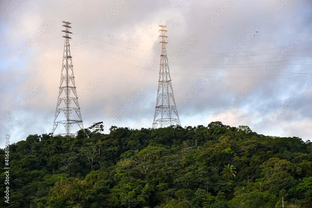 Panama Canal - high voltage towers on the banks of Panama Canal.