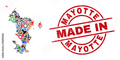 Service mosaic Mayotte Islands map and MADE IN grunge rubber stamp. Mayotte Islands map mosaic formed with spanners, gear wheels, instruments, air planes, transports, power sparks, helmets.