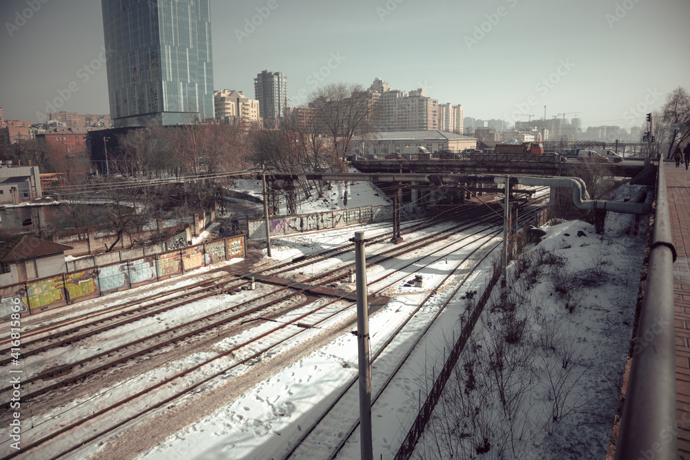 Kyiv railway station in winter. An empty train station during quarantine
