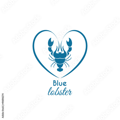 Stylized blue lobster logo with heart. Logo for restaurant, bar, seafood advertising. Vector illustration isolated on white background. Flat design..