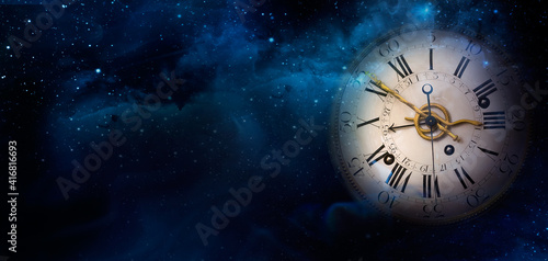 Canvastavla Mystical image of a Clock face of the old watch on the night sky background with stars