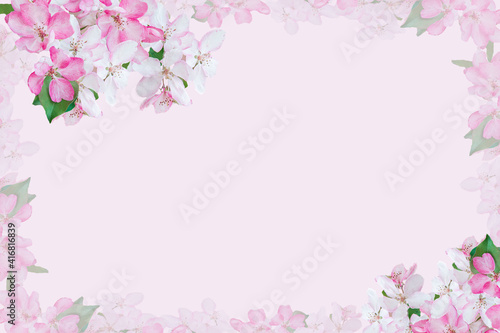 Spring blossom frame, toned, flower background, pastel and soft floral card. Flat lay, top view, copy space . Banner