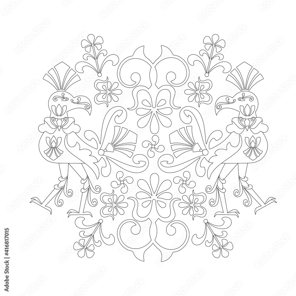Fototapeta premium The mythical bird Hong. Pantheon of Thai deities. The concept of the sacredness of the ideas of southern Buddhism. Anti-stress coloring pages..