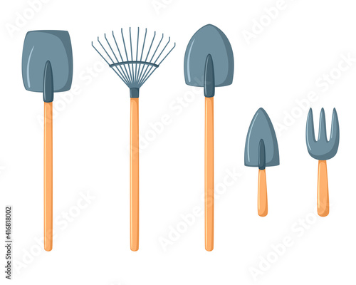 Vector set of tools for the vegetable garden. Collection of rake shovels in cartoon style. Isolated on white

