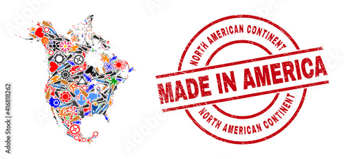 Engineering North America v2 map mosaic and MADE IN distress seal. North America v2 map mosaic created with wrenches, gearwheels, screwdrivers, items, vehicles, electric strikes, rockets.