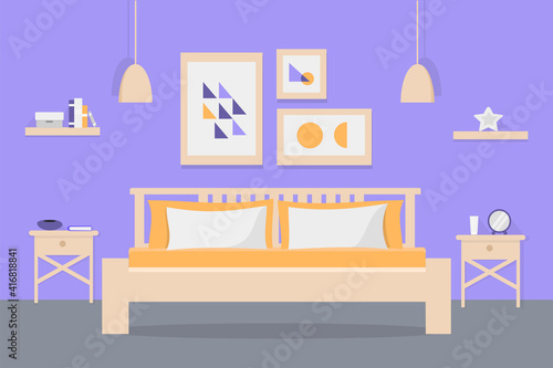 Modern lilac orange bedroom interior with furniture. Empty bedroom concept. Vector flat cartoon graphic design illustration with shadows. Family bedroom.