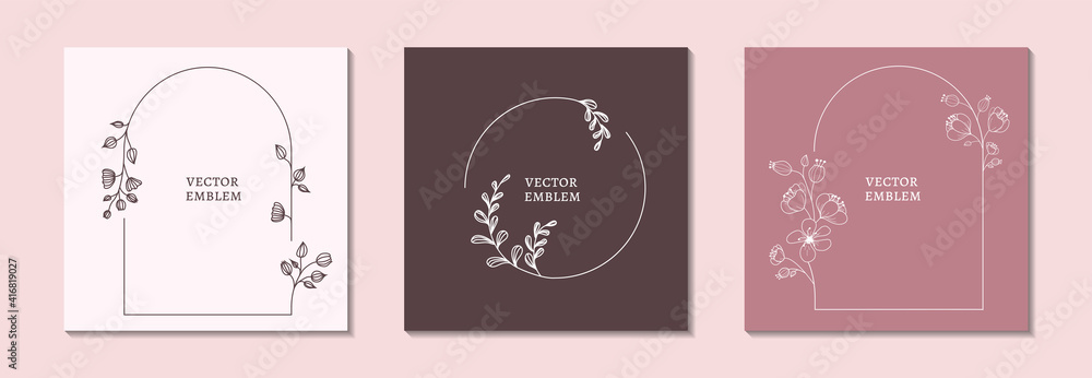 Trendy floral frame for advertising, promotion, social media, emblem or logo in minimal linear style with space for text.