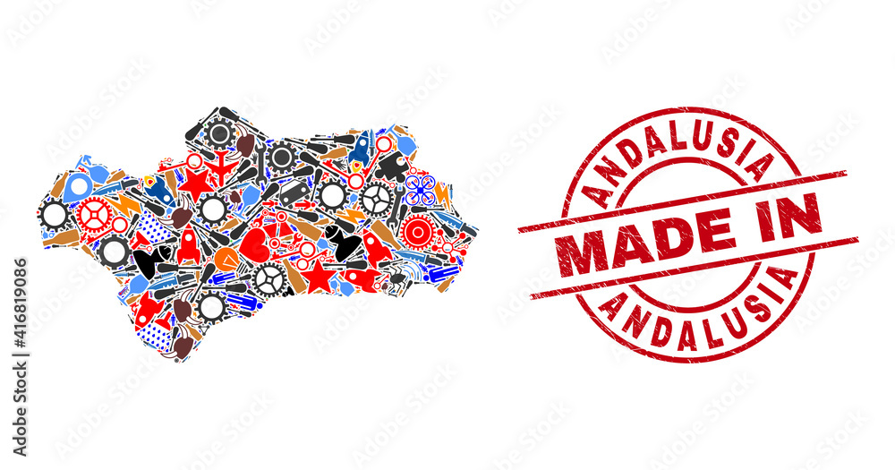 Science Andalusia Province map mosaic and MADE IN grunge rubber stamp. Andalusia Province map abstraction designed with wrenches, gearwheels, tools,, keys, airplanes, cars, electricity details. Science Andalusia Province map mosaic and MADE IN grunge rubber stamp. Andalusia Province map abstraction designed with wrenches, gearwheels, tools,, keys, airplanes, cars, electricity details.