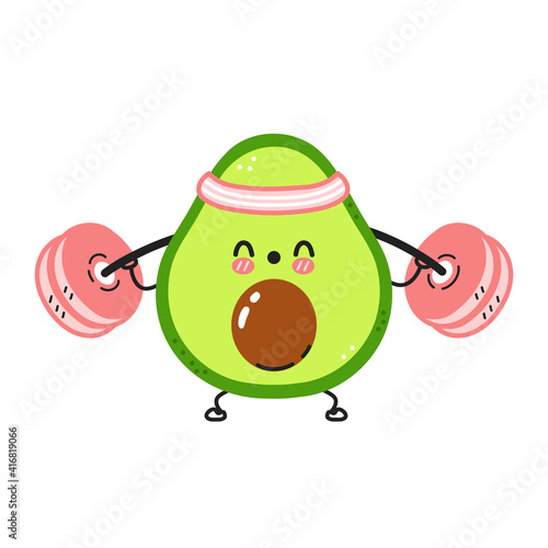 Cute funny avocado make gym with barbell. Vector flat line cartoon kawaii character illustration icon. Isolated on white background. Avocado workout character concept