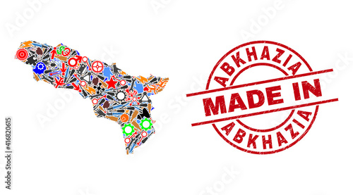Education mosaic Abkhazia map and MADE IN grunge seal. Abkhazia map composition designed with wrenches, gearwheels, screwdrivers, items, cars, electricity bolts, helmets.