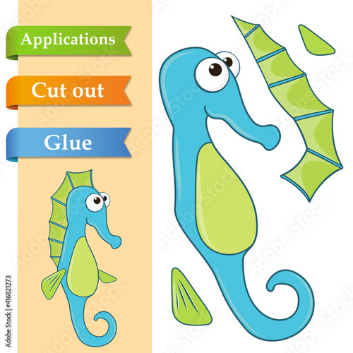 Create paper application the cartoon funny Sea Horse. Use scissors cut parts of Fish and glue on paper. Education logic game for school kids to help with cutting, sticking and learning about animals. photo