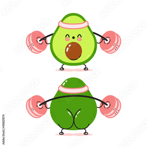 Cute funny avocado make squat gym with barbell. Vector flat line cartoon kawaii character illustration icon. Isolated on white background. Avocado fruit workout character concept
