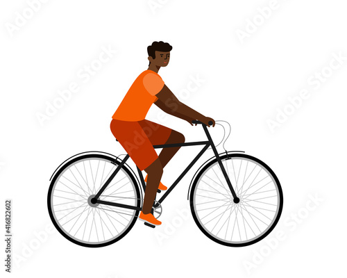 African american rider on bike. Man in bicycle flat vector character
