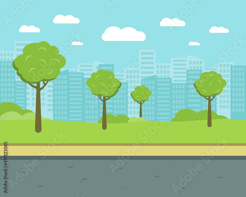 City street with trees and high-rise buildings. Park flat vector illustration