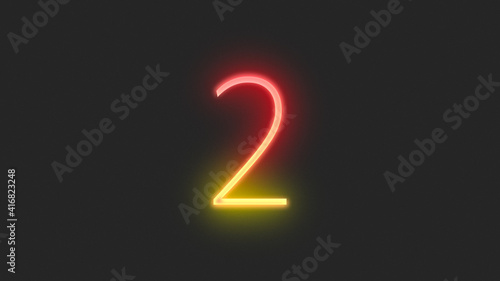 Realistic red and yellow neon number 2, on a black background