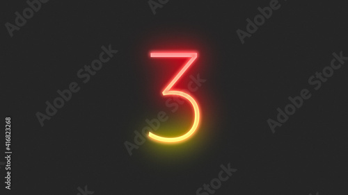 Realistic red and yellow neon number 3, on a black background