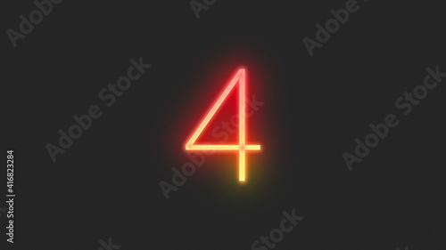 Realistic red and yellow neon number 4, on a black background