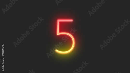Realistic red and yellow neon number 5, on a black background
