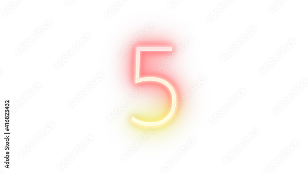 Realistic red and yellow neon number 5, on a white background Realistic red and yellow neon number 5, on a white background