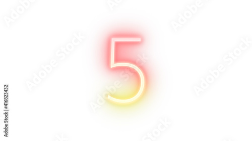 Realistic red and yellow neon number 5, on a white background