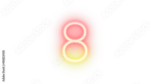 Realistic red and yellow neon number 8, on a white background