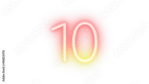 Realistic red and yellow neon number 10, on a white background