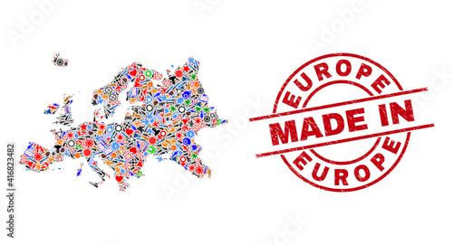 Industrial Europe map mosaic and MADE IN distress stamp seal. Europe map collage formed with spanners  gear wheels  screwdrivers  air planes  transports  electricity strikes  details.
