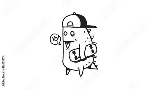 cute Dino with skateboard illustration. colorless cartoon for drawing and coloring activities. fun activity for kids development and creativity. object isolated on white background in vector design.
