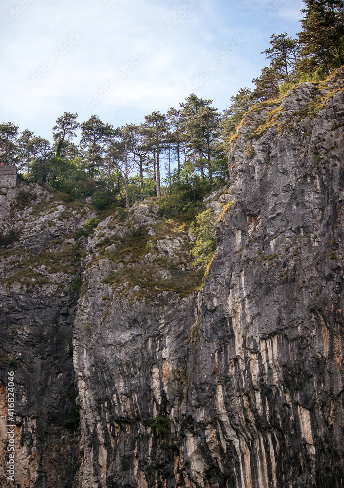 Vertical shot of scenic rock cliff from low angle with pines on top. Vertical shot of scenic rock cliff from low angle with pines on top.