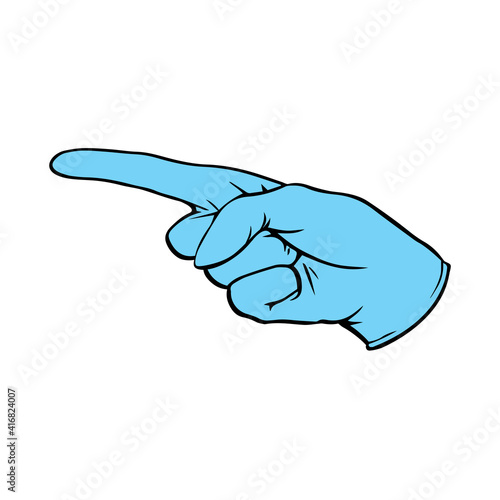 A medical glove points strictly with a finger. Vector isolated pop art illustration in outline style